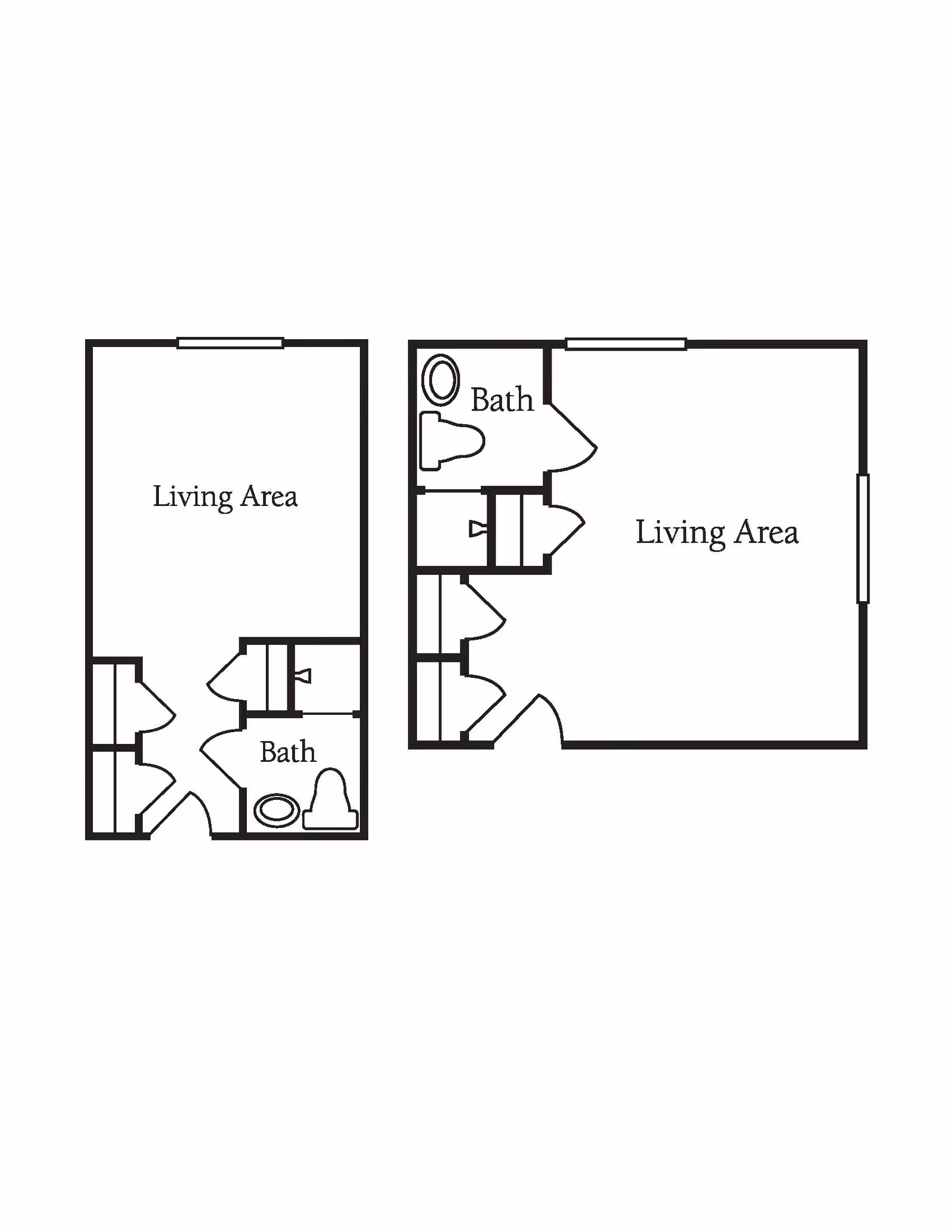 Floor plan showing two separate living areas each with an adjacent bathroom. The layout includes doors and fixtures such as toilets and sinks in the bathrooms.