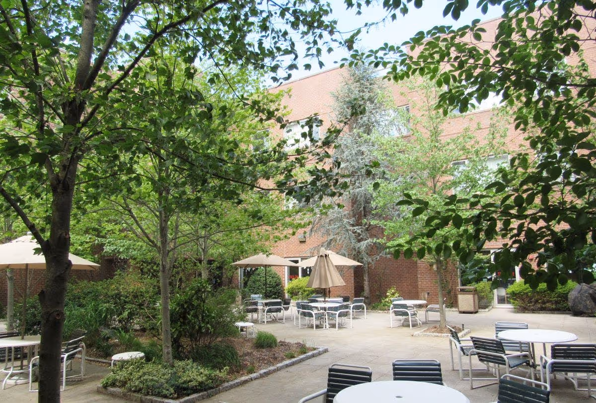 Outdoor patio area with multiple round tables and chairs, some tables shaded by umbrellas, surrounded by trees and greenery, with a brick building in the background.