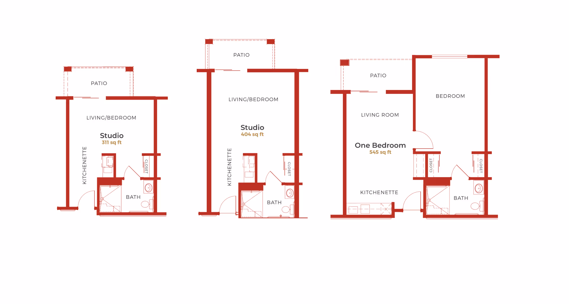 Architectural floor plans for three apartment layouts at Nikkei Senior Gardens, including two studio units of 311 and 404 square feet with living/bedroom, kitchenette, bath, closet, and patio areas, and one one-bedroom unit of 545 square feet with living room, kitchenette, bedroom, bath, closets, and patio.