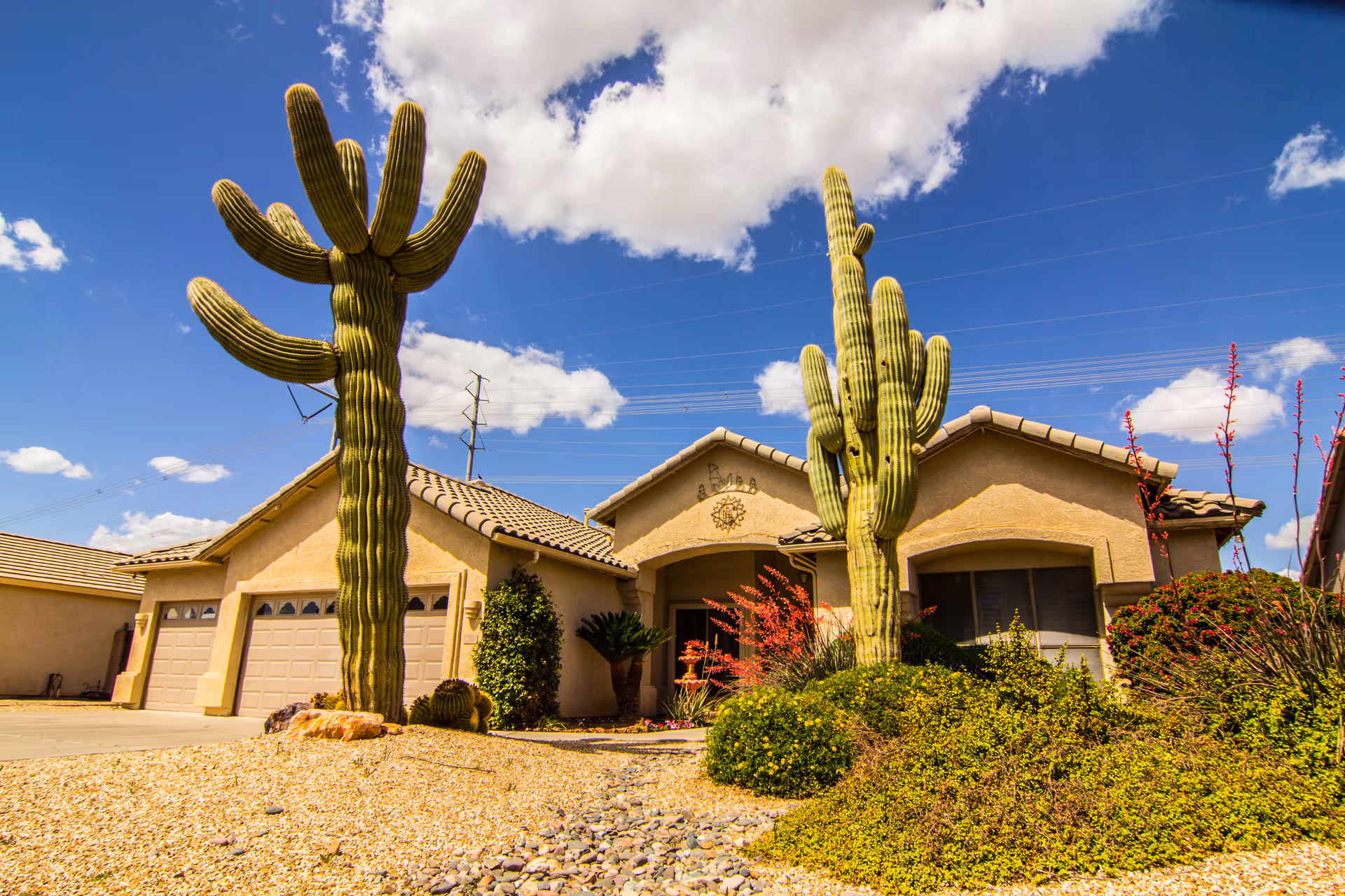 Exterior view of a single-story beige stucco house with a tiled roof, featuring two large saguaro cacti and desert landscaping with gravel and shrubs under a bright blue sky with scattered clouds.