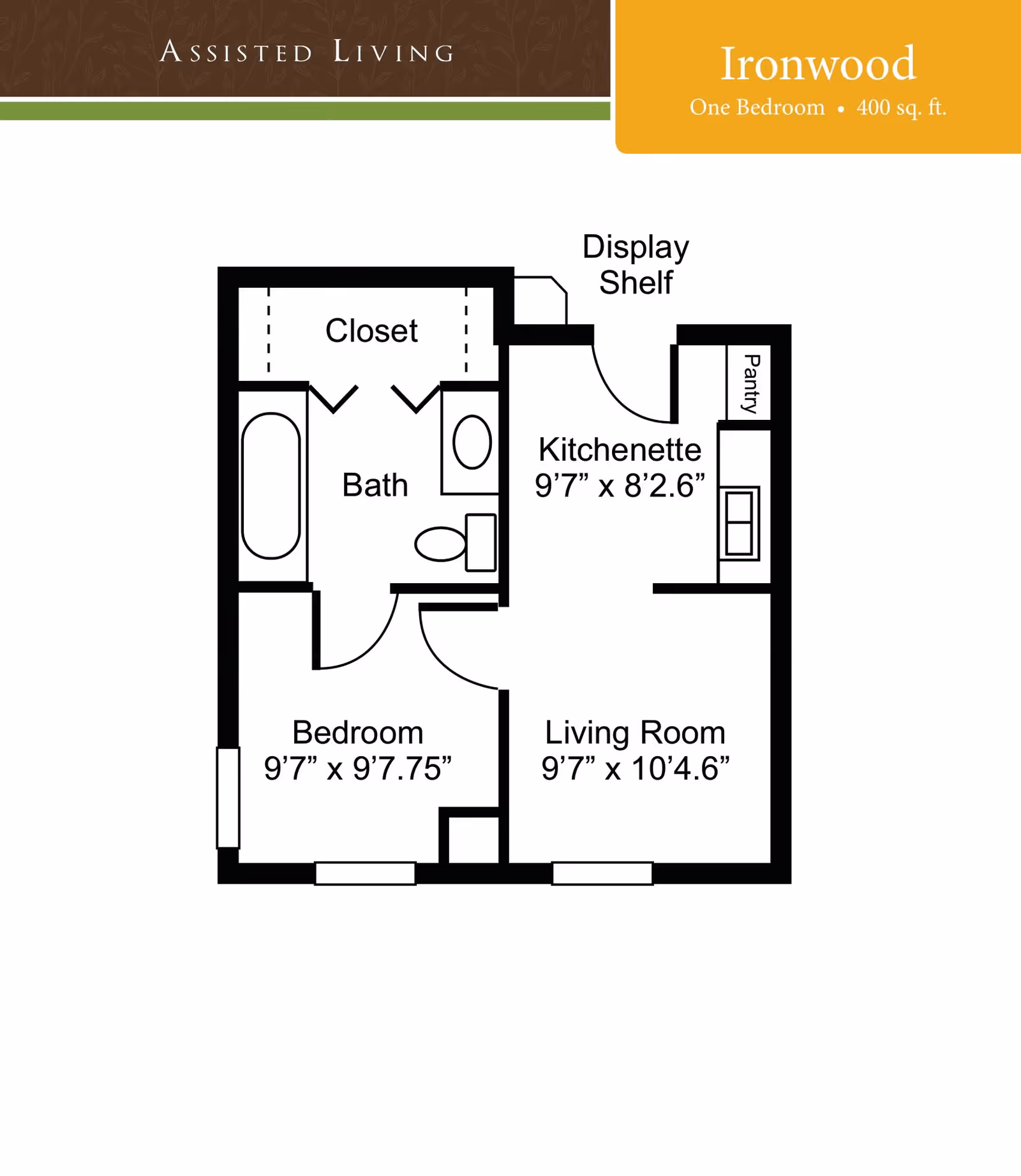 Floor plan of an assisted living one-bedroom unit named Ironwood, measuring 400 square feet. The layout includes a bedroom (9'7" x 9'7.75"), a bath with a bathtub, toilet, and sink, a closet, a kitchenette (9'7" x 8'2.6") with a pantry and display shelf, and a living room (9'7" x 10'4.6").