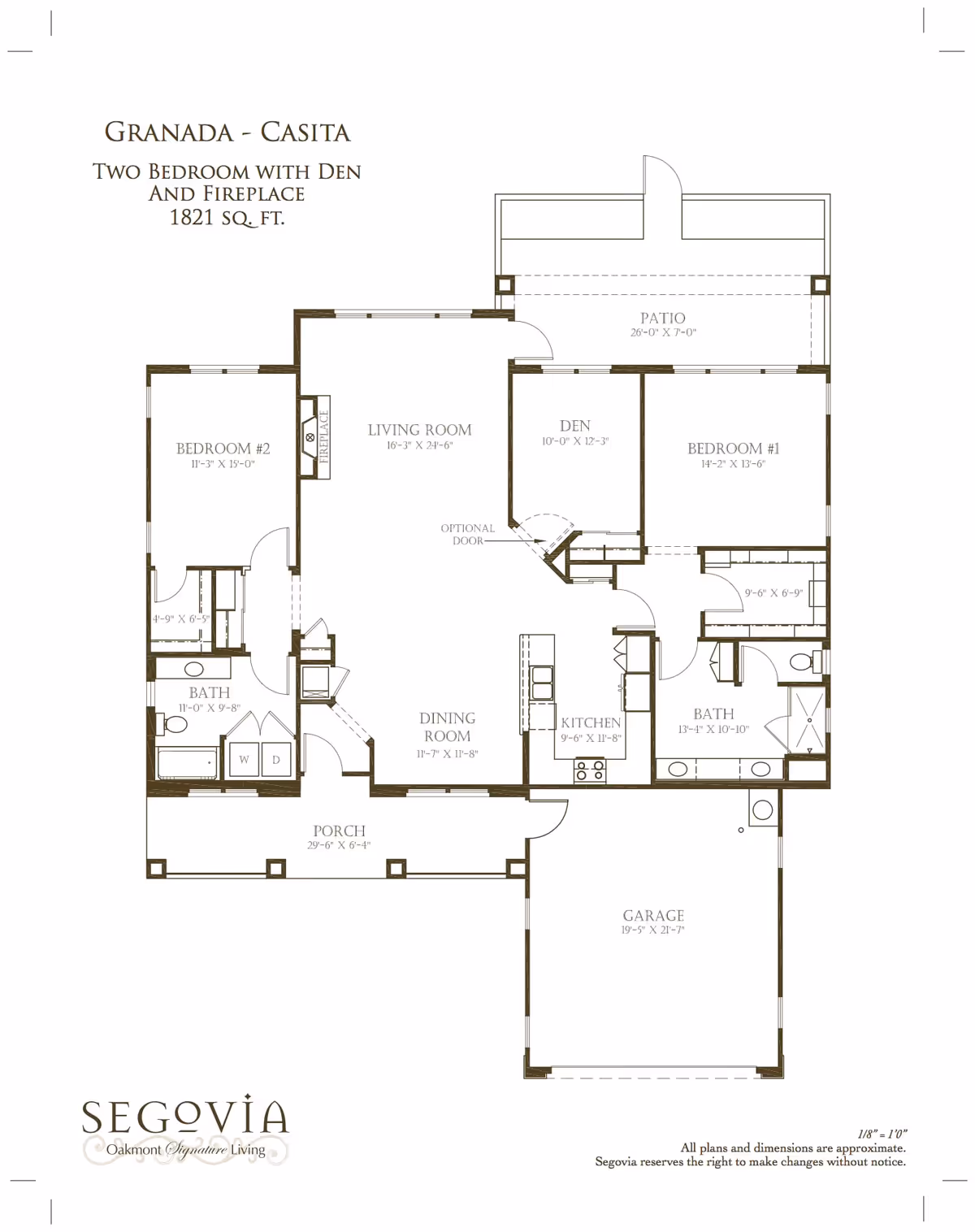 Floor plan of Granada Casita at Segovia, showing a two-bedroom layout with a den, fireplace, living room, dining room, kitchen, two bathrooms, porch, patio, and garage. The total area is 1821 square feet.