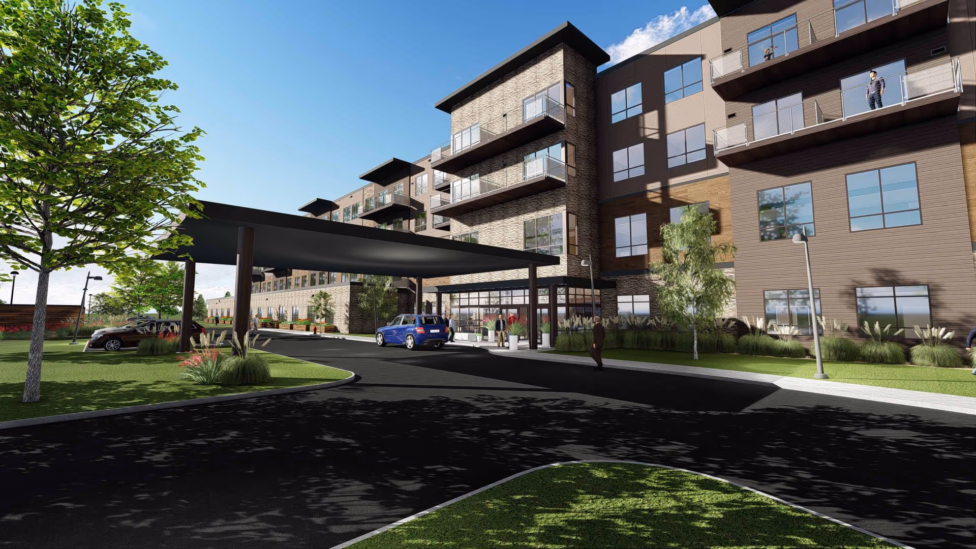 Exterior view of a modern senior living facility with a covered entrance driveway, several parked cars, landscaped greenery, and people walking near the entrance and on balconies.