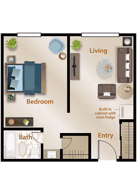 Illustrated top-down one-bedroom apartment floor plan showing labeled bedroom, living room, bath, and entry with furniture and a built-in cabinet.