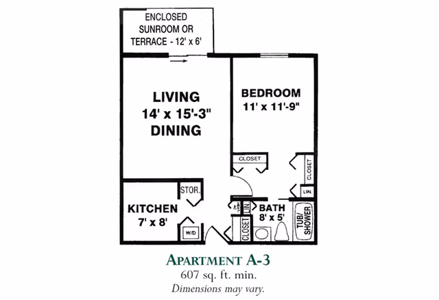 Black-and-white floor plan labeled "Apartment A-3" showing a one-bedroom, one-bath layout with living/dining area, kitchen, enclosed sunroom, and room dimensions.