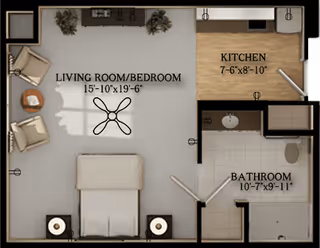 Top-down floor plan of a studio apartment showing a combined living room/bedroom, a kitchen, and a bathroom with furniture and room dimensions labeled.