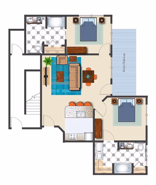 Floor plan of a residential unit featuring two bedrooms, two bathrooms, a living room with seating and a TV, a kitchen with a breakfast bar and stools, and a patio/balcony area.