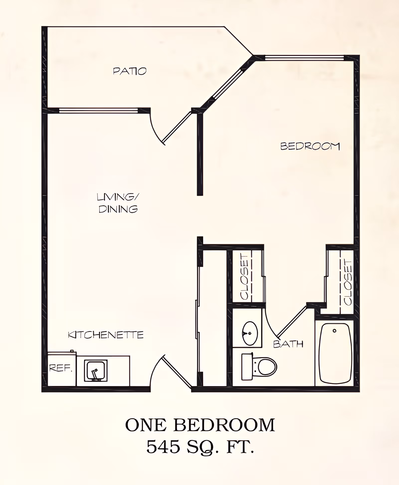 Floor plan of a one-bedroom apartment at Quail Lodge Retirement Community, showing a patio, living/dining area, kitchenette with refrigerator and sink, bedroom, bathroom with toilet, sink, and bathtub, and two closets. The total area is 545 square feet.