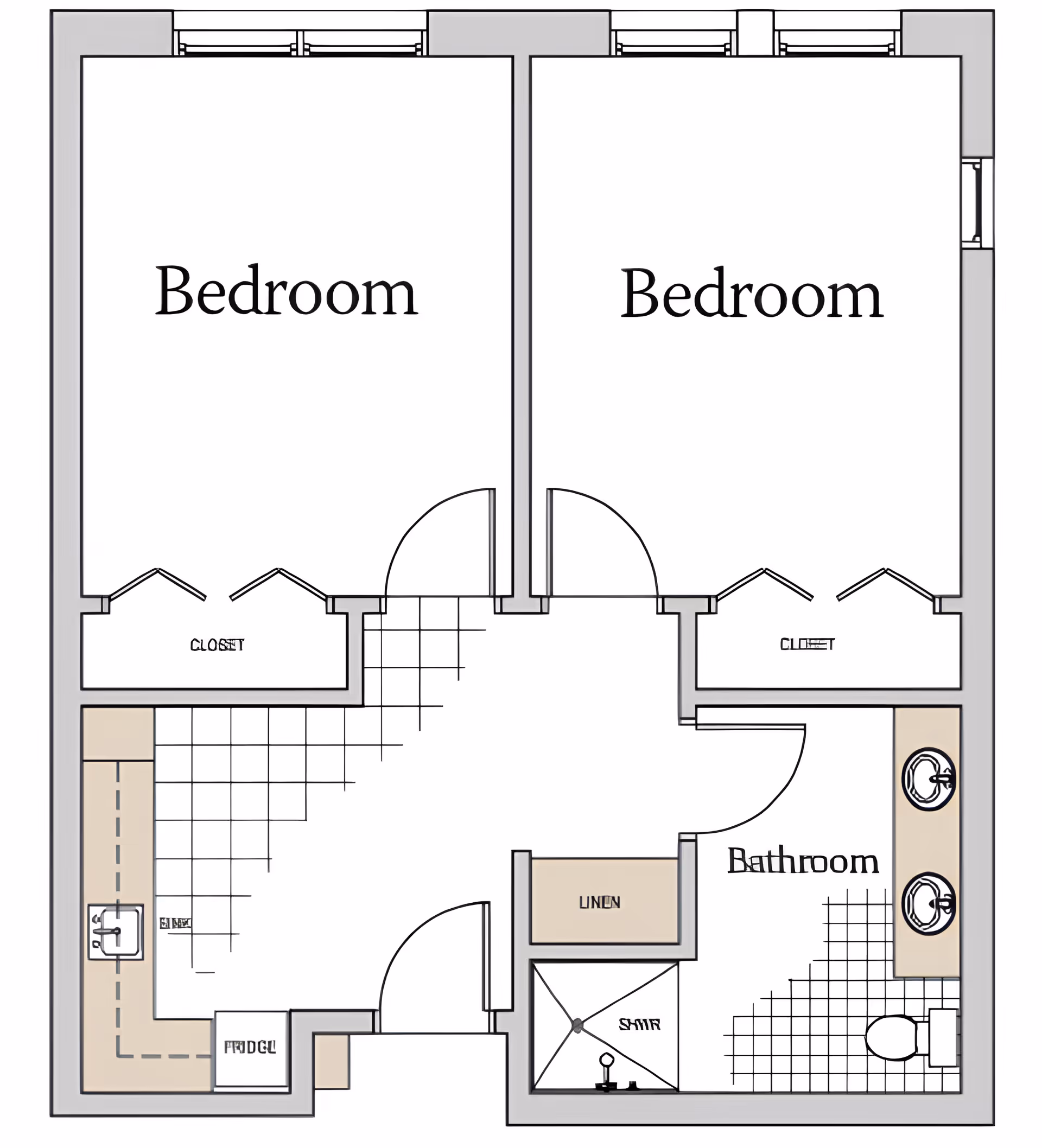 Floor plan showing two bedrooms each with a closet, a shared bathroom with two sinks, a shower, and a toilet, a linen closet, and a small kitchen area with a sink and fridge.