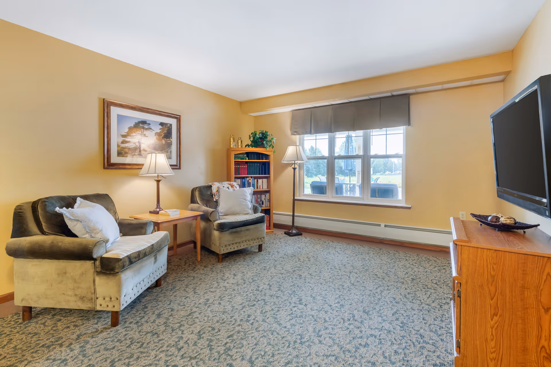 A cozy living room with two green upholstered armchairs, each with a white pillow. Between the chairs is a wooden side table with a lamp and some books. A framed picture hangs on the yellow wall above the table. A tall wooden bookshelf filled with books and decorative items is in the corner. A floor lamp stands next to a large window with a gray valance, letting in natural light and showing an outdoor patio with chairs and an umbrella. On the right side, a flat-screen TV is mounted on the wall above a wooden cabinet with a decorative bowl on top. The room has a patterned carpet and warm yellow walls.