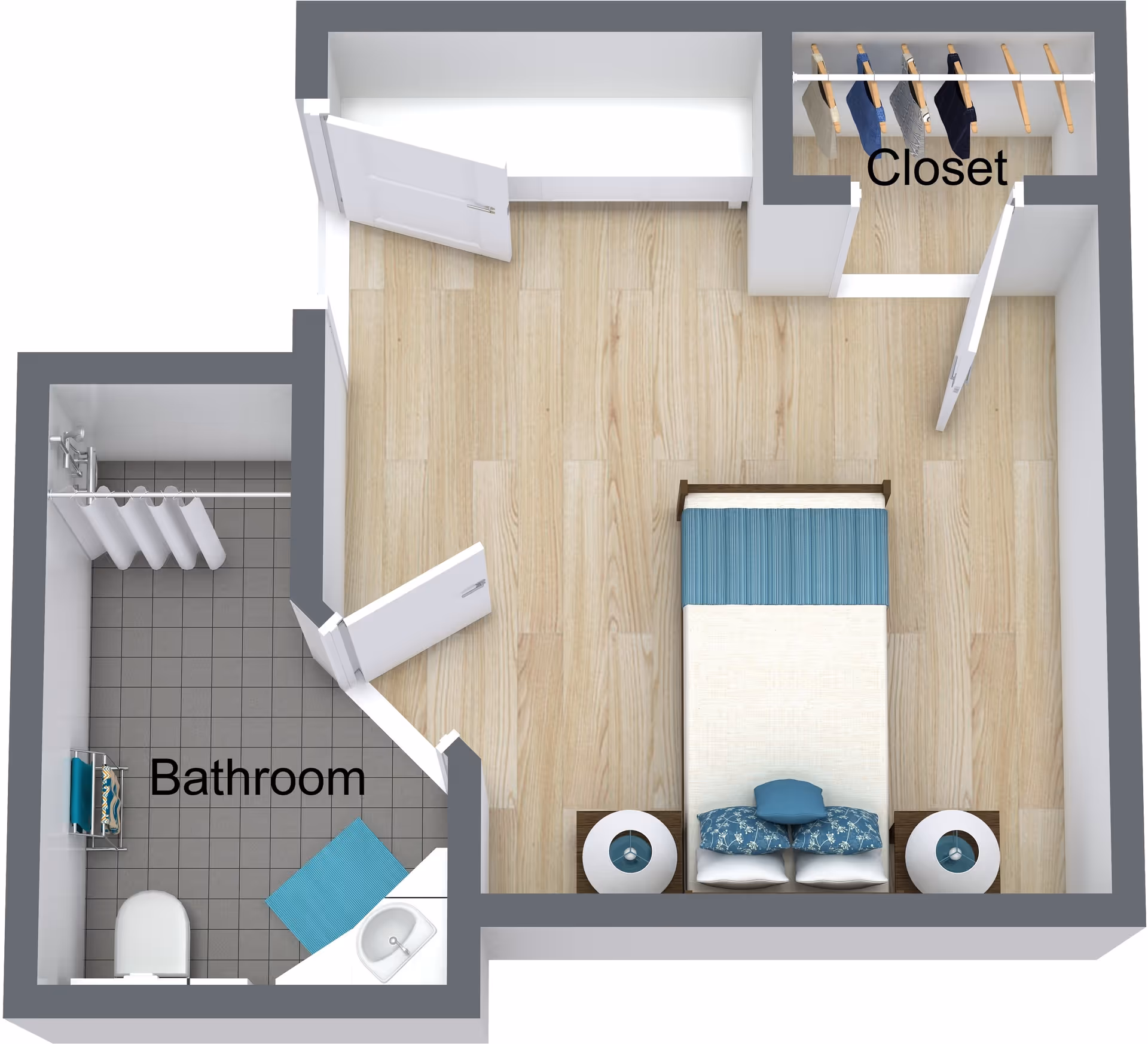 3D floor plan of a small apartment unit featuring a bedroom with a bed, two nightstands with lamps, a closet with hanging clothes, and an attached bathroom with a shower, toilet, sink, and a blue bath mat.