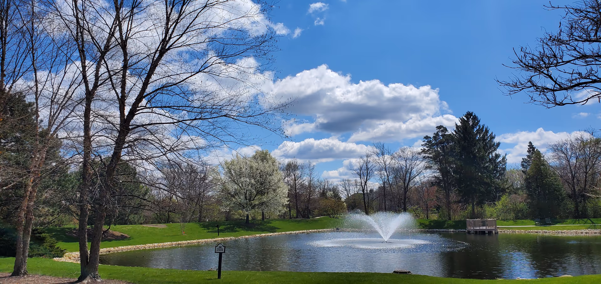 A serene pond at King-Bruwaert House featuring a fountain, surrounded by lush green grass and trees under a blue sky with fluffy clouds.