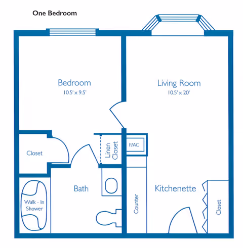 Floor plan of a one-bedroom apartment at Pennsylvania Place showing a bedroom measuring 10.5 by 9.5 feet, a living room measuring 10.5 by 20 feet, a kitchenette with a counter and closet, a bathroom with a walk-in shower, linen closet, and an additional closet in the bedroom.