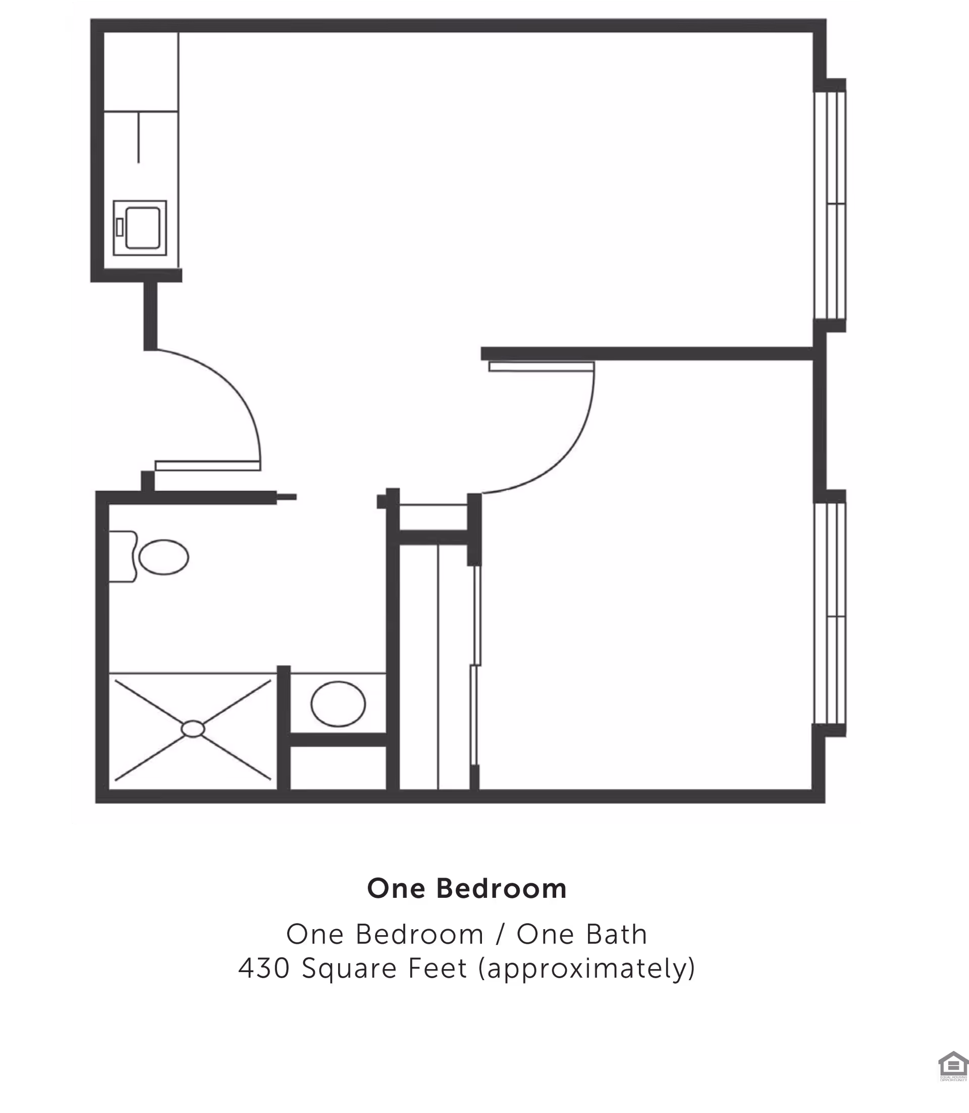 Black-and-white schematic floor plan of a one-bedroom, one-bath apartment (approximately 430 sq ft).