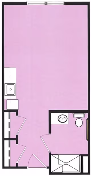 Floor plan of a small living space featuring a main room with a kitchenette on the left side, a bathroom with a sink, toilet, and shower on the right side, and an entry area with two doors.