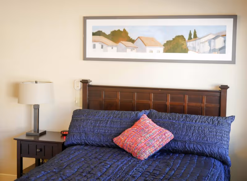 A bedroom with a dark wooden headboard bed covered with a dark blue quilt and a colorful knitted pillow in the center. To the left of the bed is a wooden nightstand with a lamp and a digital alarm clock. Above the bed hangs a framed painting depicting houses and trees.