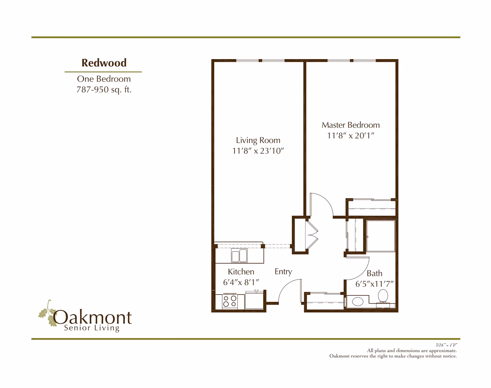 Floor plan for Redwood one-bedroom apartment at Oakmont Senior Living, showing a living room, master bedroom, kitchen, entry, and bathroom with dimensions.