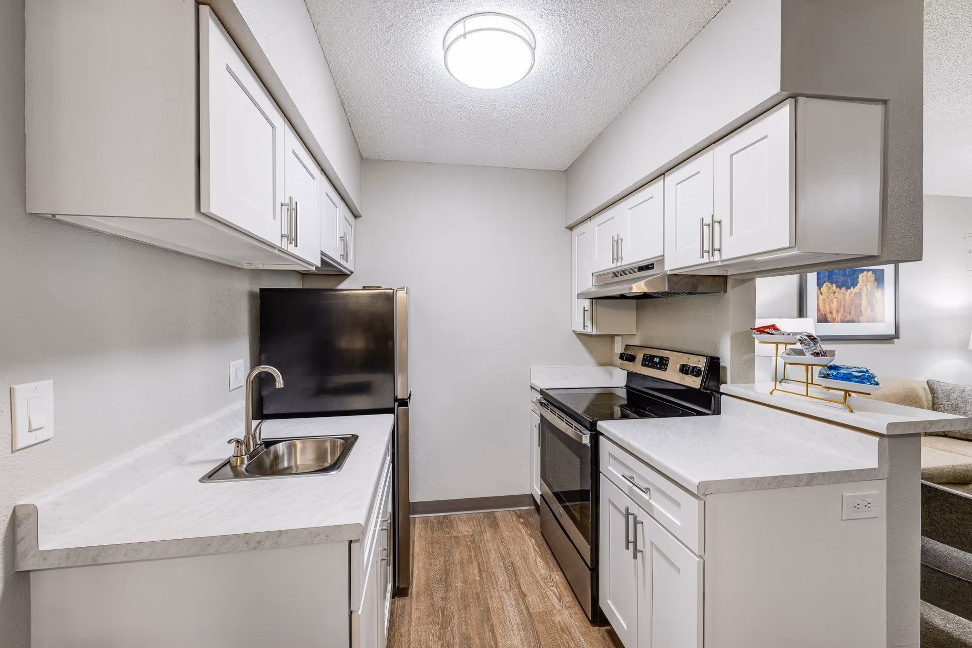 Small modern galley kitchen with white cabinets, marble-look countertops, stainless appliances, and wood-look flooring.