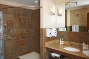 A clean and modern bathroom featuring a walk-in tiled shower with grab bars, a large mirror above a countertop with a sink, soap dispensers mounted on the wall, and various toiletries arranged on the counter.