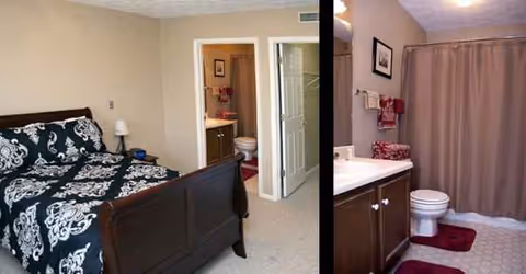Split view of a furnished bedroom with an adjoining bathroom in a senior living suite.
