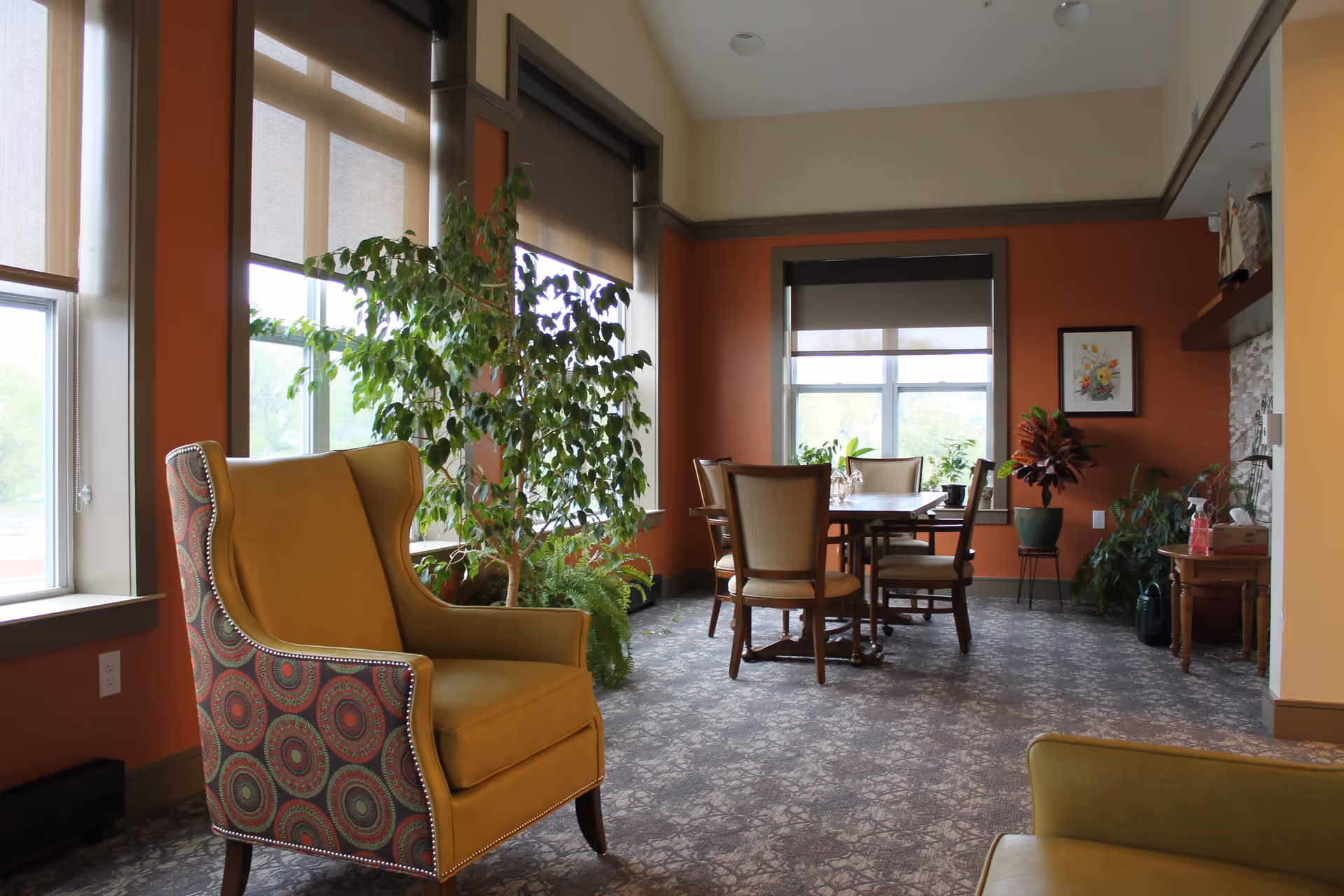 A cozy interior room with large windows covered by roller shades, featuring a yellow armchair with patterned sides, a wooden dining table with four chairs, and several green plants placed around the room. The walls are painted in warm tones of orange and beige, and a framed floral picture hangs on the wall.