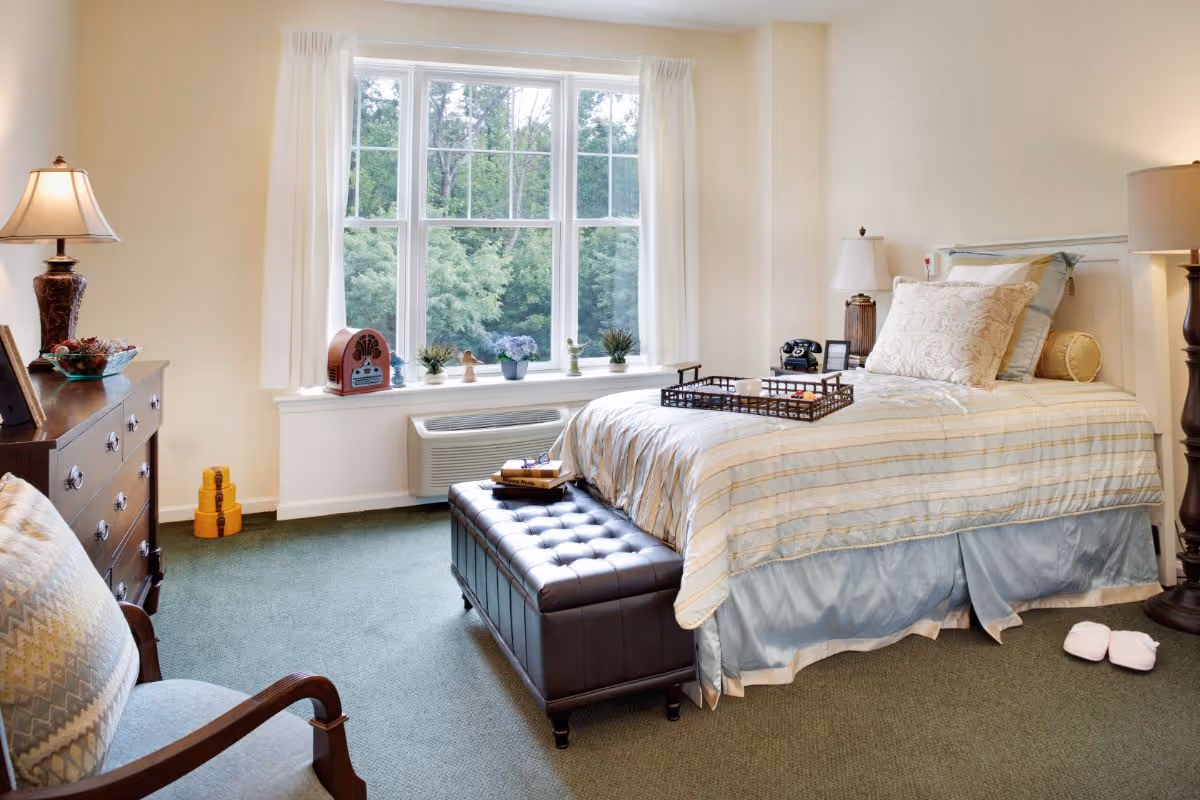 A cozy bedroom with a neatly made bed featuring striped bedding and multiple pillows. A dark tufted bench sits at the foot of the bed with books and a tray on top. There is a large window with white curtains letting in natural light and showing green trees outside. A wooden dresser with a lamp and decorative items is on the left side, and a comfortable armchair with a patterned cushion is partially visible. The room has green carpet and soft lighting from two lamps on either side of the bed.