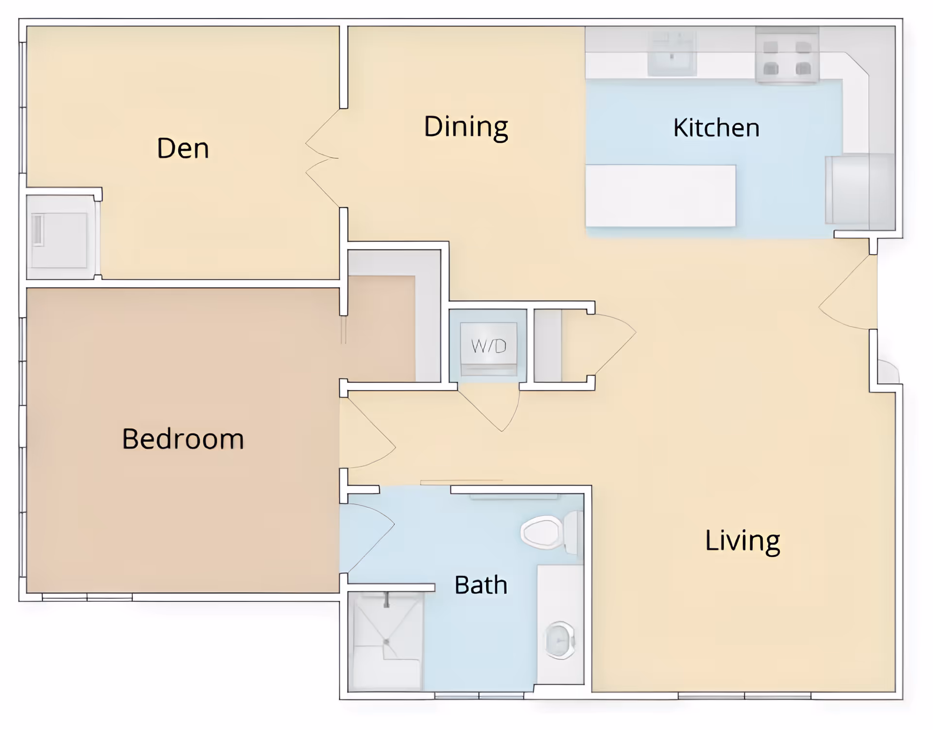 Labeled colored floor plan of a one-bedroom apartment showing a bedroom, den, dining area, kitchen, living room, bathroom, and W/D closet.