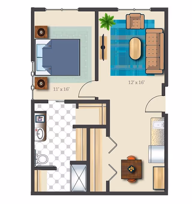 Floor plan of a one-bedroom apartment featuring a bedroom with a bed and two nightstands, a living room with a sofa, armchair, coffee table, TV, and plant, a kitchen area with a sink, refrigerator, and dining table with two chairs, and a bathroom with a sink, toilet, and shower.