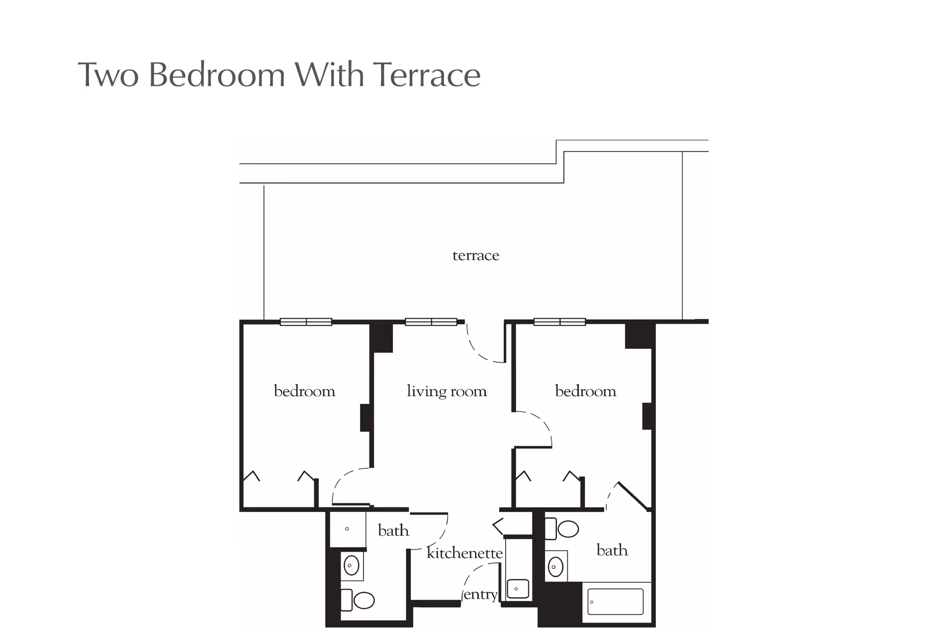 Floor plan layout of a two-bedroom apartment with a terrace, showing two bedrooms, a living room, two bathrooms, a kitchenette, and an entry area.