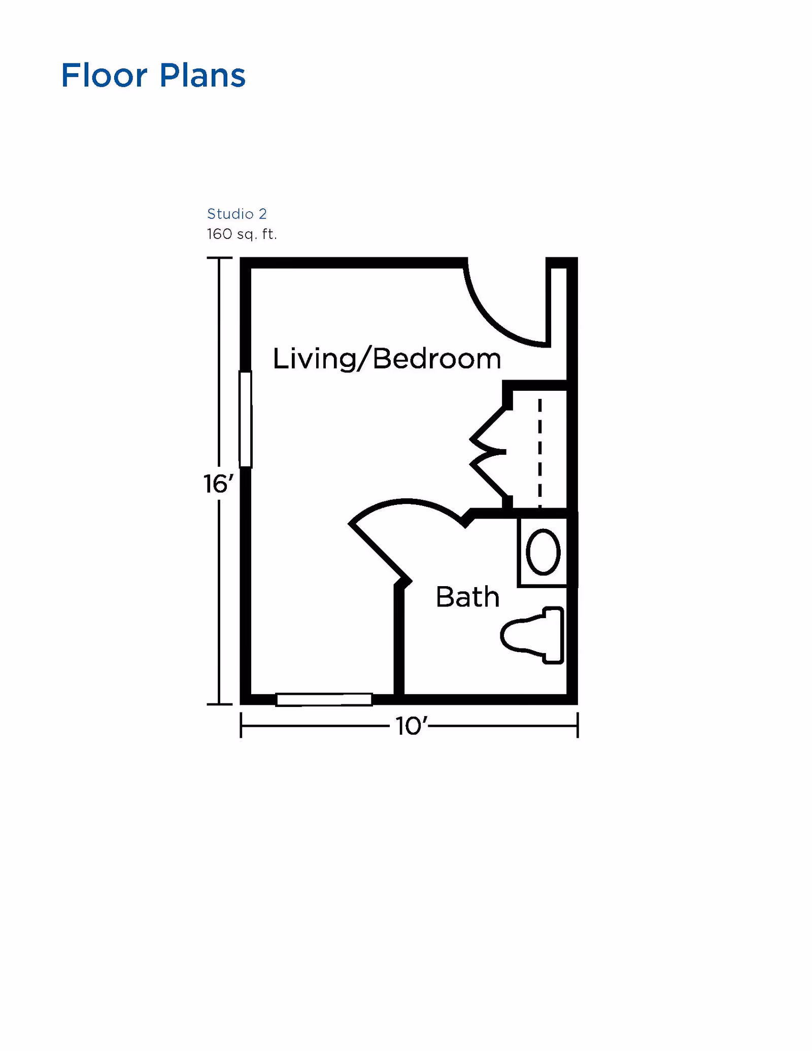 Floor plan of a studio apartment labeled Studio 2 with 160 square feet. The layout shows a combined living and bedroom area measuring 16 feet by 10 feet, and a separate bathroom with a toilet and sink.