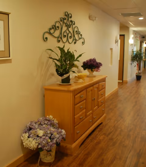A hallway with wooden flooring and beige walls featuring a wooden cabinet with drawers and doors. On top of the cabinet are two potted plants, one with green leaves and the other with purple flowers. A decorative metal wall art piece is mounted above the cabinet. At the end of the hallway, there is another potted plant and several doorways along the right side.