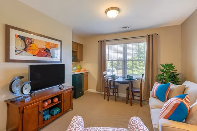 A cozy living room with a beige sofa adorned with colorful striped pillows, a patterned armchair, a wooden TV stand with a flat-screen television, decorative items, and a framed artwork of autumn leaves on the wall. A small round dining table with two chairs is placed near a large window with beige curtains, allowing natural light to brighten the room. There is also a green potted plant next to the sofa.