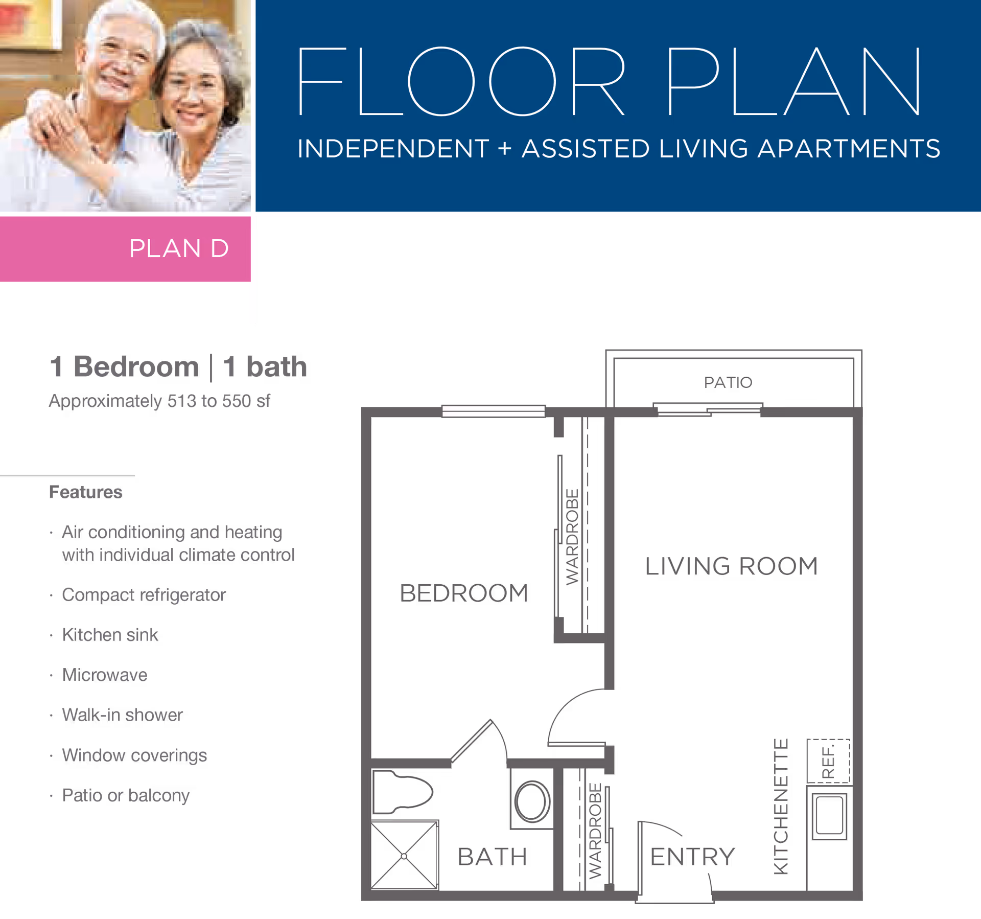 Floor plan for Plan D at BridgePoint at Los Altos showing a 1 bedroom, 1 bath apartment with approximately 513 to 550 square feet. The layout includes a bedroom with a wardrobe, a bathroom with a walk-in shower, an entry area with a wardrobe, a living room with a patio, and a kitchenette with a refrigerator. Features listed include air conditioning and heating with individual climate control, compact refrigerator, kitchen sink, microwave, walk-in shower, window coverings, and patio or balcony. There is also a small photo of an elderly couple smiling in the top left corner.