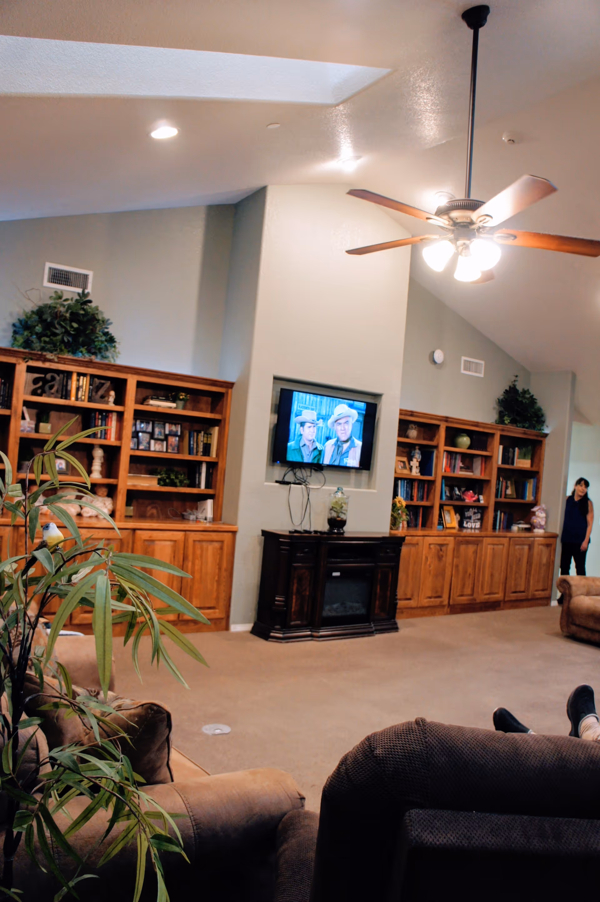 A cozy living room with beige carpet, brown upholstered chairs, a ceiling fan with lights, and built-in wooden bookshelves filled with books and decorative items. A flat-screen TV is mounted on the wall above a dark wooden cabinet, showing a scene from a western movie. A woman stands near the doorway in the background, and a green potted plant is visible in the foreground.