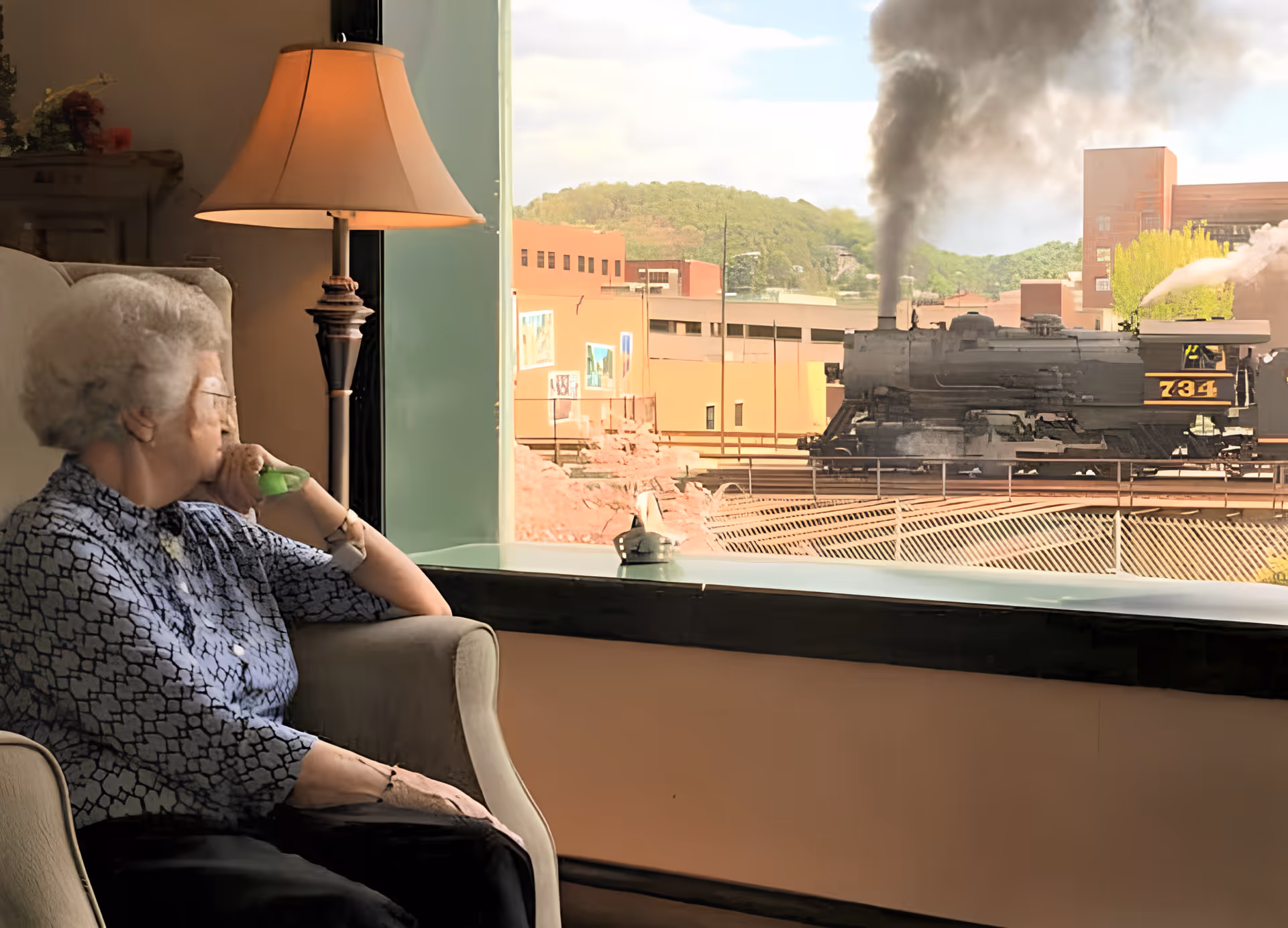 An elderly woman sits in an armchair by a large window watching a steam locomotive pass outside.