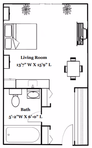 Floor plan of a living space at Park Merced Assisted Living showing a living room with a bed, two plants, a TV, and a dining table with four chairs. The living room measures 13 feet 7 inches wide by 15 feet 9 inches long. Adjacent to the living room is a bathroom with a toilet, sink, and bathtub, measuring 5 feet 2 inches wide by 6 feet long. The entrance door is located near the bathroom.