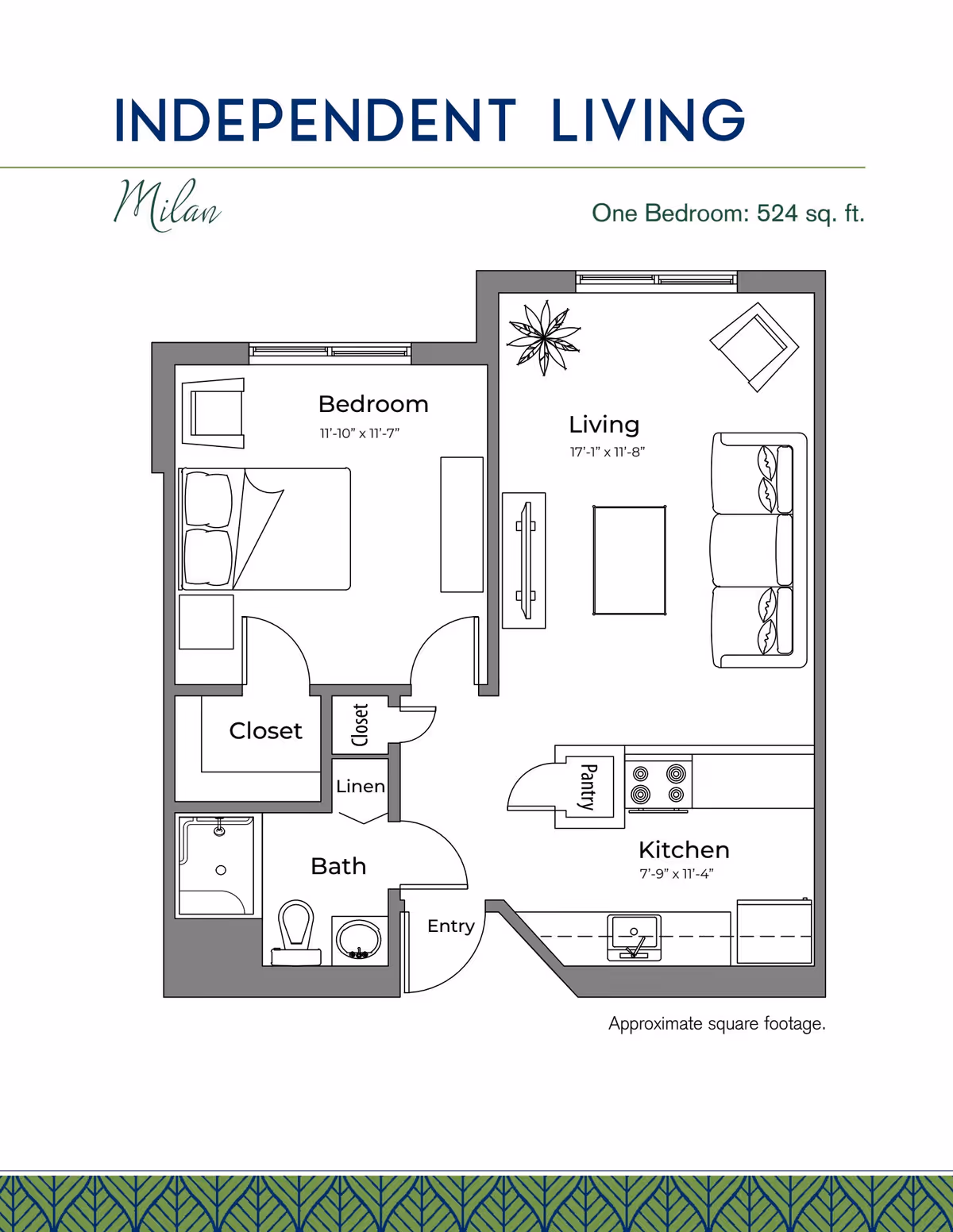 Floor plan of a one-bedroom independent living apartment named Milan, with a total area of 524 square feet. The layout includes a bedroom with a bed and chair, a closet, a bathroom with a shower, toilet, and sink, a living room with a sofa, chair, coffee table, TV, and plant, and a kitchen with a pantry, stove, sink, and refrigerator. The entry door opens into the kitchen area.