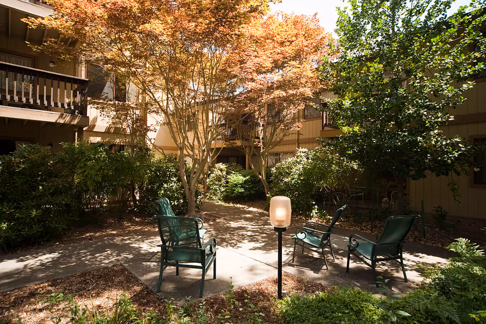 Outdoor courtyard area with three green metal chairs arranged around a small lamp post on a concrete patio. The space is surrounded by trees with autumn-colored leaves and dense green shrubs, adjacent to a two-story building with balconies.