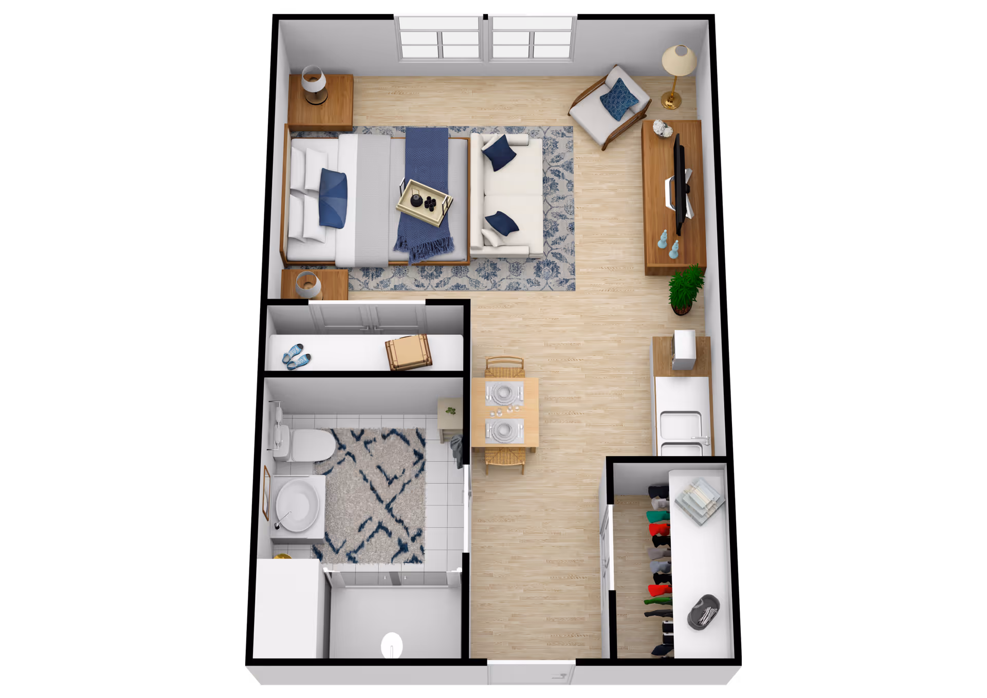 3D floor plan of a small apartment featuring a bedroom with a bed, nightstands, and a chair, a bathroom with a toilet, sink, and shower, a kitchen area with a sink and counter, a dining table set for two, and a closet with hanging clothes.