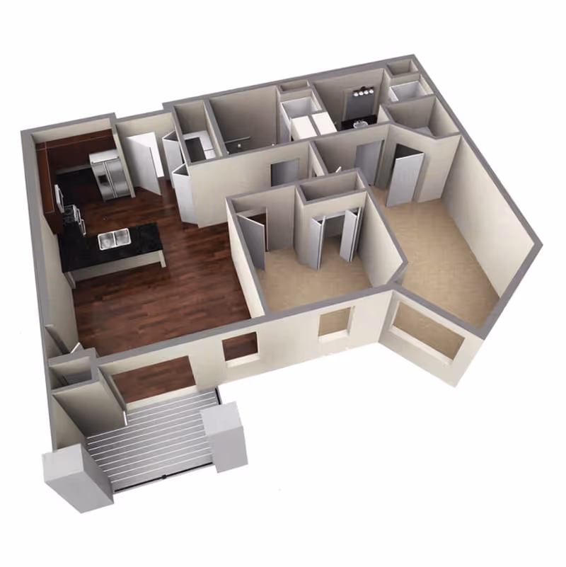 3D floor plan of an apartment unit showing a kitchen with dark wood flooring and cabinetry, a living area with carpet, multiple closets, a bathroom, and an entryway with stairs.