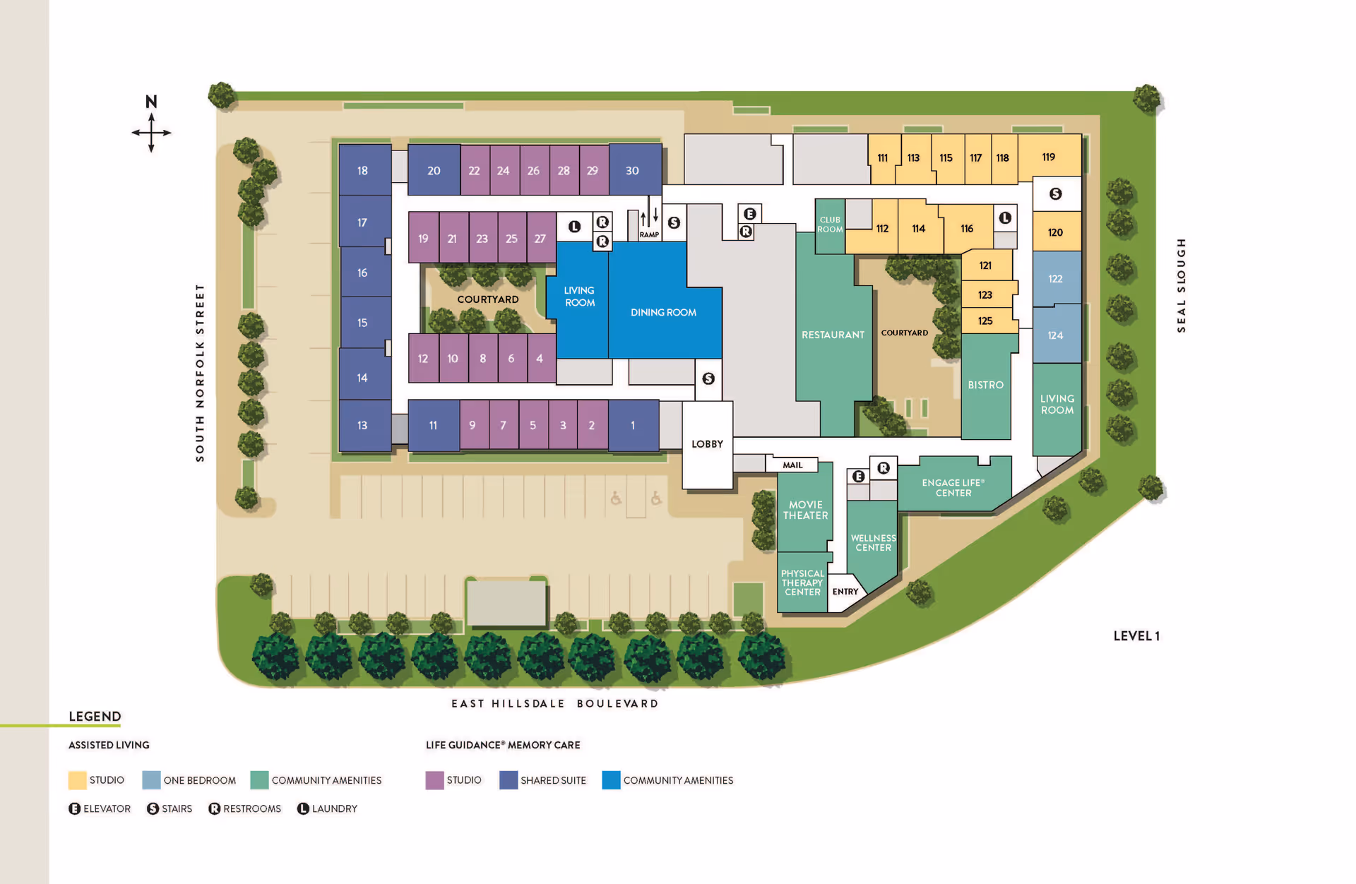 Floor plan of Atria Park of San Mateo showing layout of assisted living and memory care areas including studios, one bedrooms, shared suites, community amenities such as living rooms, dining room, restaurant, bistro, club room, wellness center, physical therapy center, movie theater, engage life center, courtyards, lobby, mail area, elevators, stairs, restrooms, and laundry. The plan is bordered by South Norfolk Street, Seal Slough, and East Hillsdale Boulevard with parking and landscaping shown.