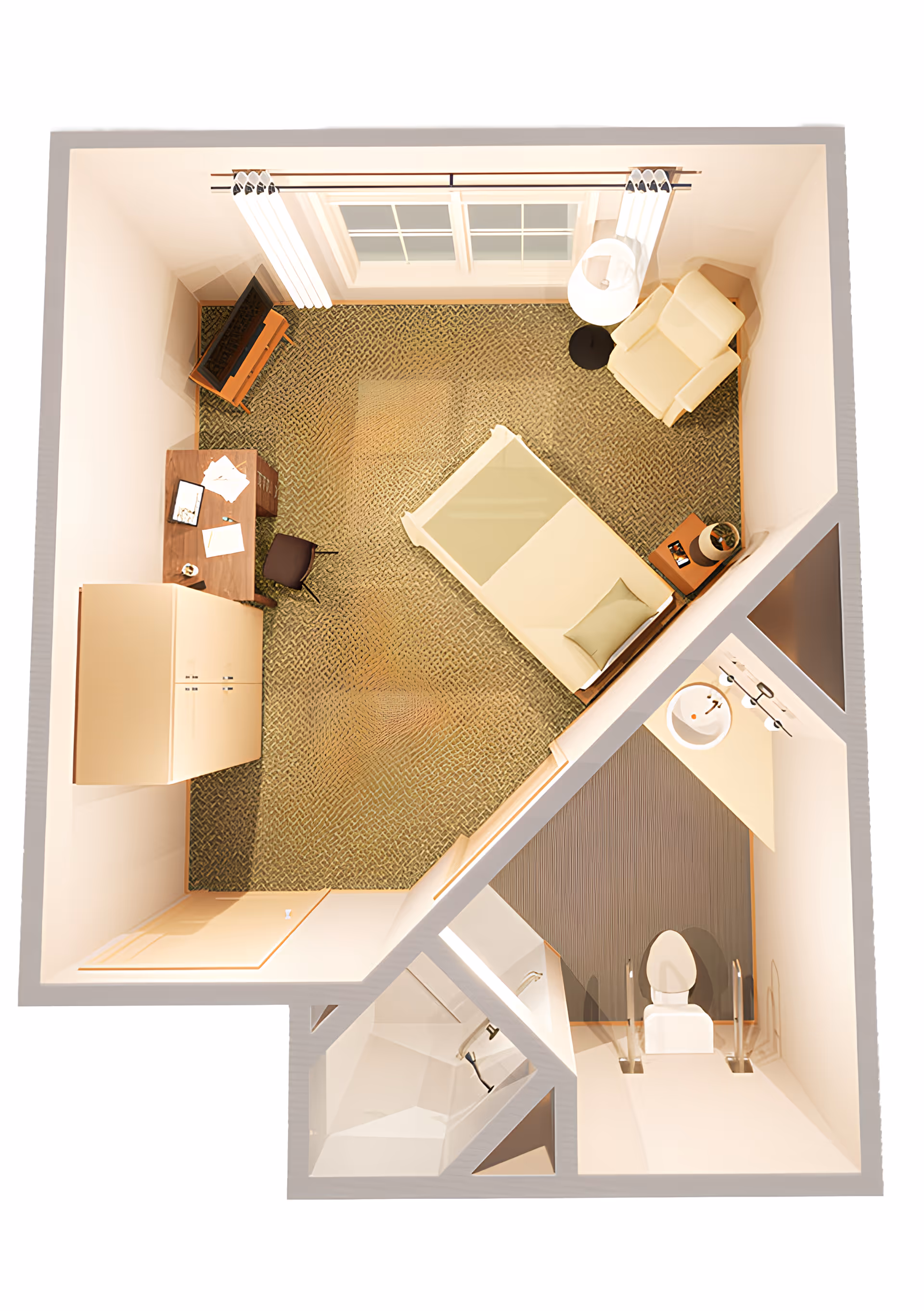 Top-down view of a small assisted living facility room featuring a single bed with a pillow, a side table with a plant and a photo frame, a comfortable armchair with a floor lamp, a desk with papers and a chair, a wardrobe, and a television. The room has a window with curtains and an attached bathroom with a toilet, sink, and shower.