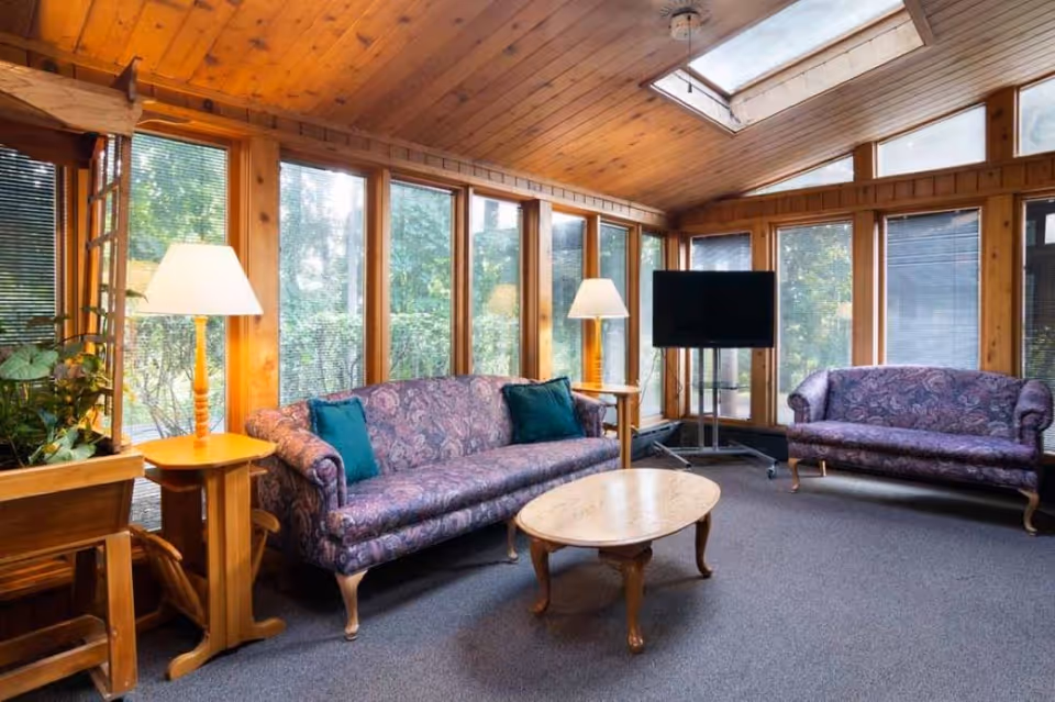 A cozy living room with wooden walls and ceiling, featuring two patterned purple sofas with teal cushions, a wooden coffee table, two standing lamps, a flat-screen TV on a stand, and large windows letting in natural light.