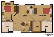 Floor plan of a two-bedroom assisted living apartment showing two bedrooms each with a closet and bathroom, a central living area, and a kitchen with a small dining table. The total area is 870 square feet.