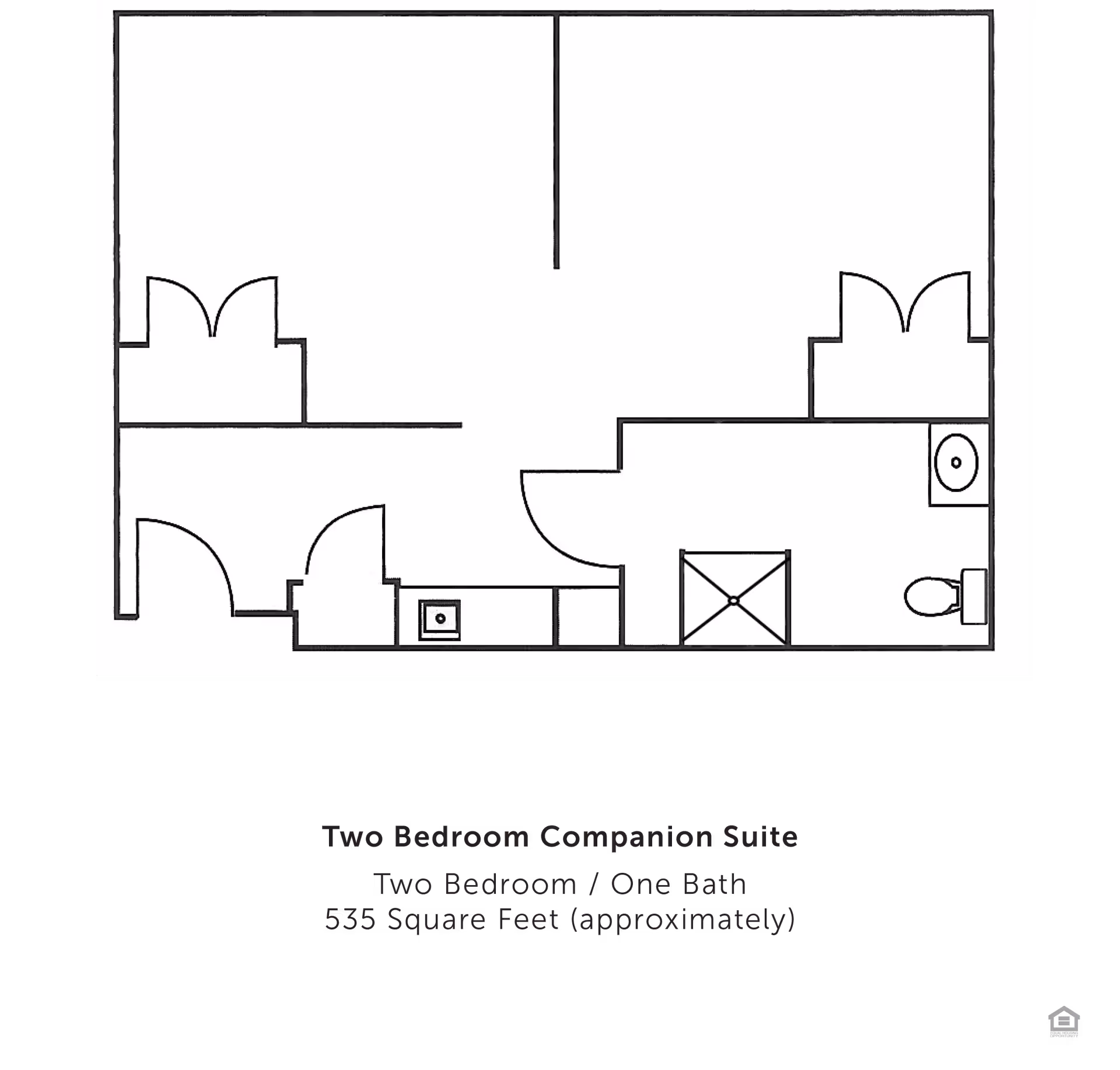 Floor plan of a two bedroom companion suite with one bathroom, approximately 535 square feet. The layout shows two bedrooms, a bathroom with a shower, toilet, and sink, and additional closet/storage spaces.