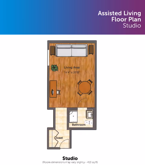 Floor plan of a studio assisted living apartment at Saint Anthony, Majestic Care, showing a living area with a sofa, side tables, a round dining table with four chairs, a desk, a closet, and a bathroom with a shower, toilet, and sink.