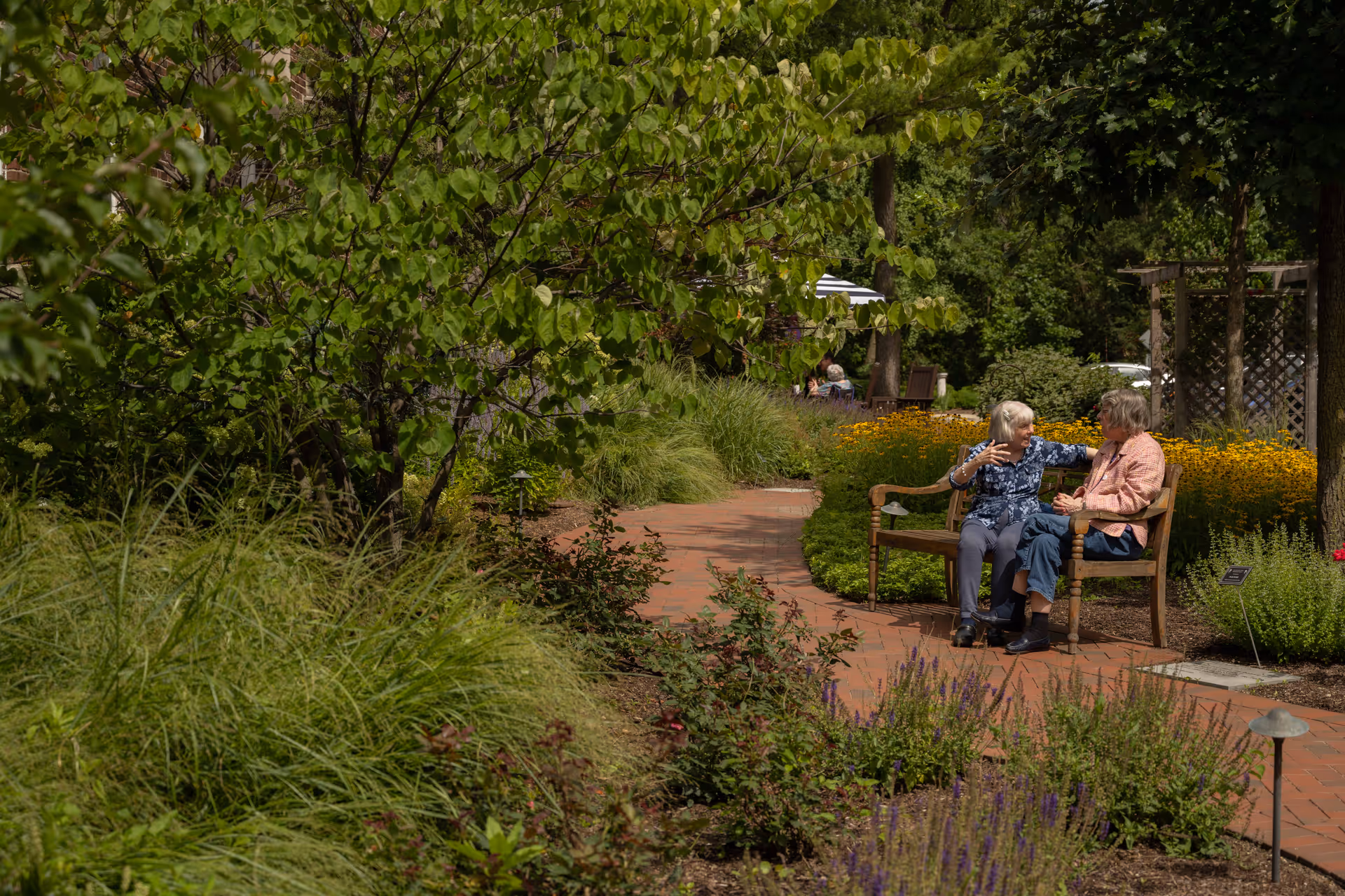 Two elderly women sitting on a wooden bench in a garden area with lush greenery, flowers, and a brick pathway, engaged in conversation on a sunny day.