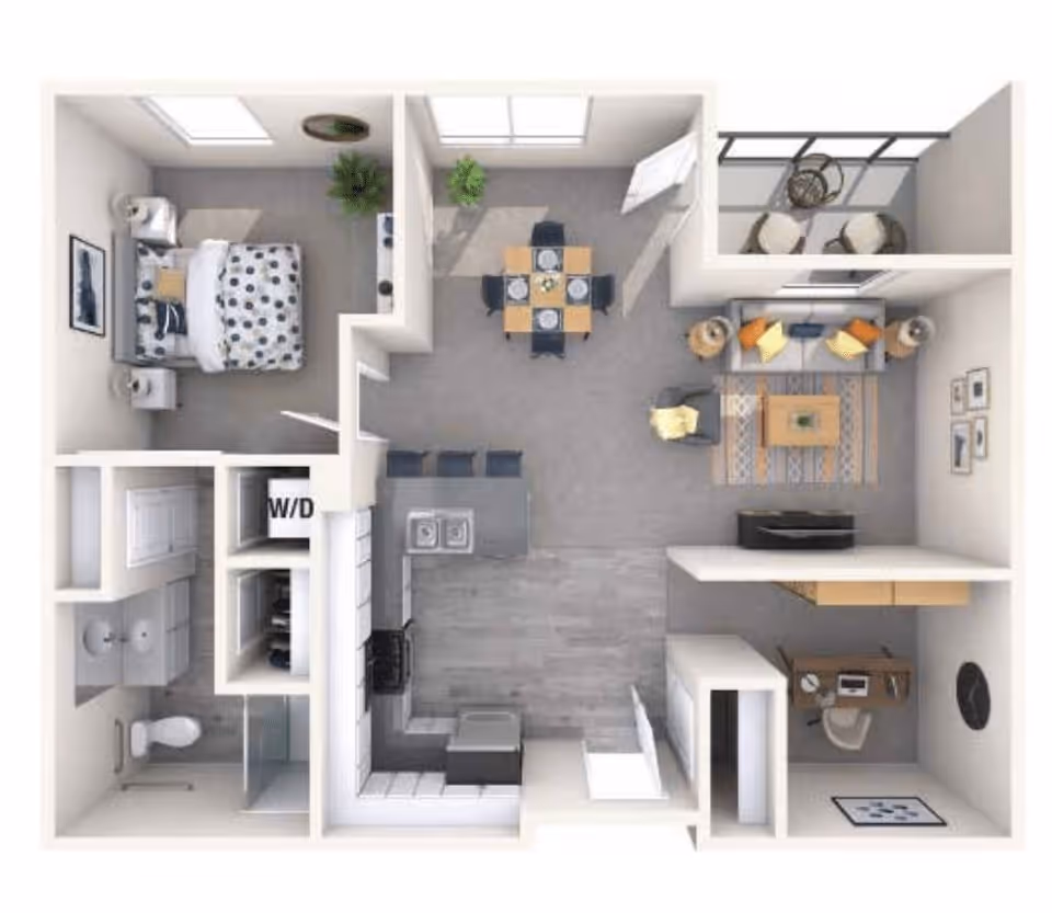 3D floor plan of a one-bedroom apartment featuring a bedroom with a bed and nightstands, a bathroom with a toilet and shower, a kitchen with appliances and a sink, a dining area with a table and four chairs, a living room with a sofa, armchair, coffee table, and TV, a small office area with a desk and chair, and a balcony with two chairs and a small table.