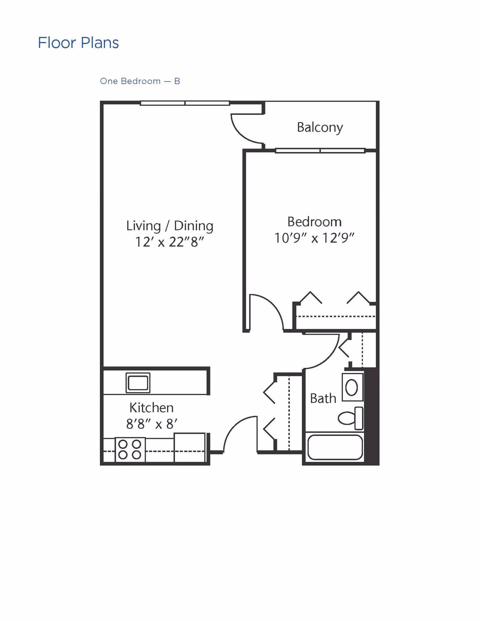 Floor plan of a one-bedroom apartment labeled One Bedroom - B, showing a living/dining area measuring 12 feet by 22 feet 8 inches, a bedroom measuring 10 feet 9 inches by 12 feet 9 inches, a kitchen measuring 8 feet 8 inches by 8 feet, a bathroom, and a balcony.