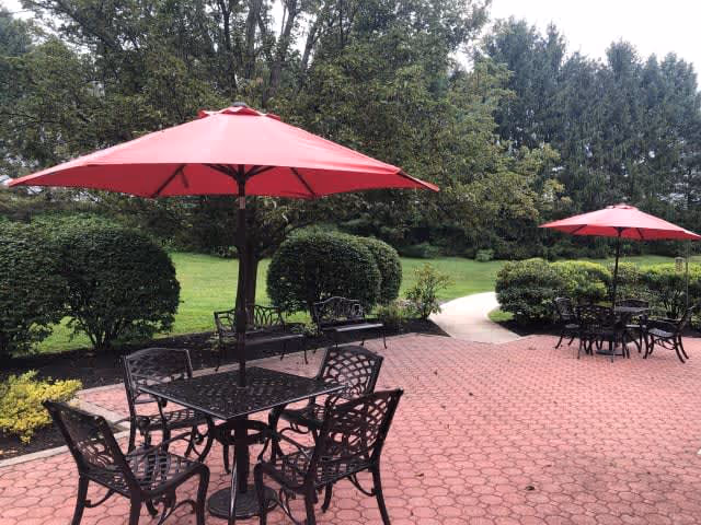 Outdoor patio area with black metal tables and chairs, each table shaded by a large red umbrella. The patio is paved with red bricks and surrounded by green bushes and trees in the background.